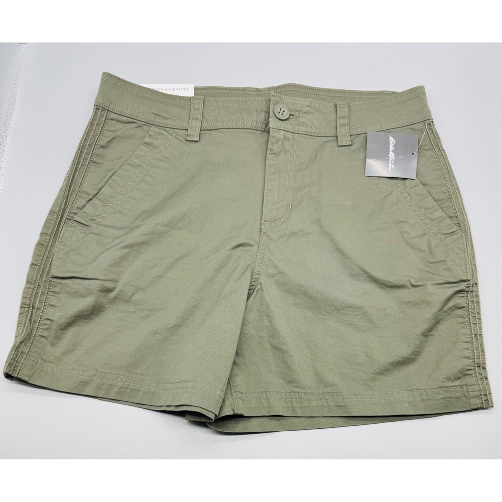 Eddie Bauer Aspire Chino Shorts Green Sprig Mid Rise Fitted Size 6 Stretch